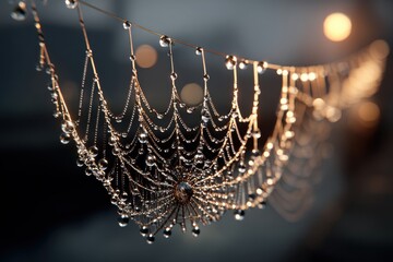 Poster - A detailed close-up shot of a spiderweb covered in dewdrops, illuminated by the warm glow of the morning sun, creating a sparkling and ethereal scene.