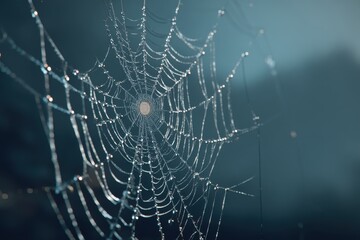 Poster - Close-up of a spiderweb covered with glistening dewdrops against dark background, capturing the intricate patterns and delicate beauty of nature's craftsmanship.