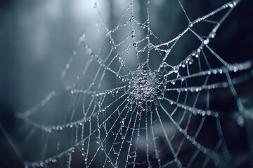 Poster - An intricate spiderweb glistening with dewdrops, silhouetted against a soft, blurred background, showcasing the delicate beauty of nature and the artistry of arachnids.