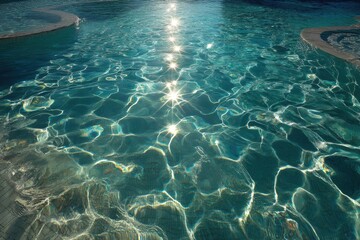 Poster - Sunlight reflecting on the surface of a pristine swimming pool, creating shimmering patterns and vibrant turquoise hues for a refreshing summer ambiance.