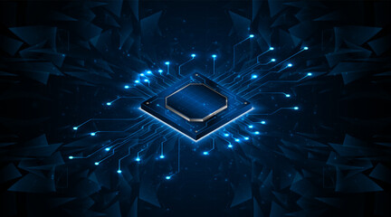 Fototapete - Microchip processor circuit board technology on dark blue background. Information Processing Concept. Circuit board hi-tech technology background. vector illustration	