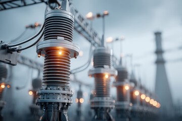 Poster - Close-up of electrical substation equipment with glowing elements and a blurred background, depicting a modern industrial scene with a focus on power infrastructure.