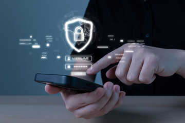 anti virus. people hand using data protection application on mobile smartphone, backup storage manag