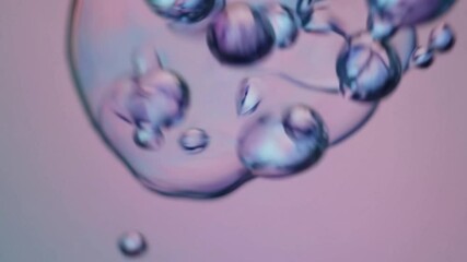 Poster - Multiple soap bubbles of varying sizes gracefully float and merge against a soft pink backdrop, their iridescent surfaces shimmering with a mesmerizing play of colors