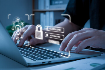 Wall Mural - Login. people hand using data protection application on laptop computer, backup storage management, anti virus, firewall, data protection, internet network technology, cloud storage technology concept
