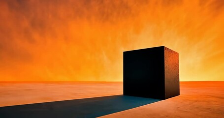Wall Mural - a black cube stands in a vast orange desert under a dramatic sky, casting a long shadow.
