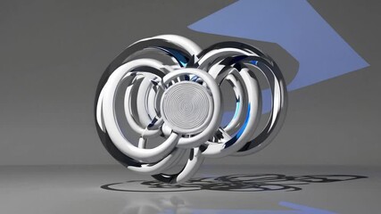 Poster - Chrome and blue abstract metal object is rotating slowly on a white background, with a light source moving around it, creating different reflections and shadows