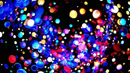 Poster - Vibrant, multicolored bokeh lights floating and swirling dynamically against deep black background, creating mesmerizing abstract visual motion with luminous energy and dreamlike atmosphere