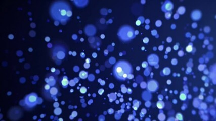 Poster - Defocused glittering particles floating gently against a dark blue background create an enchanting and abstract bokeh effect, ideal for various visual projects
