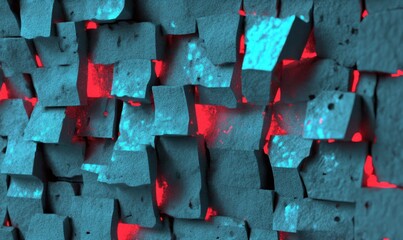 Poster - Abstract teal cubes glowing red, chaotic background, 3D render, design texture