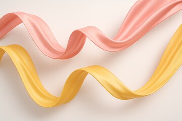 Poster - Two elegant ribbons in pink and yellow gracefully flowing and intertwining in a 3d rendered artwork, creating a harmonious representation of movement against a minimalist backdrop