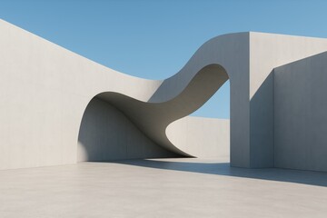 Poster - Featuring smooth concrete walls with elegant curves and openings, creating an abstract and futuristic architectural design under a bright blue sky, evoking a sense of minimalism and innovation