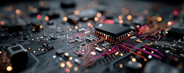 Poster - Close-up of a colorful circuit board with glowing electronic components