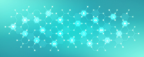 Aufkleber - Medical background and healthcare technology with flat icons and symbols. Concept and idea for health care business, innovation medicine, health safety, science, medical research, and development.
