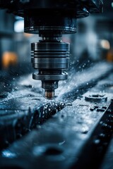 Poster - Close-up of precision machining with water cooling spray in an industrial setting