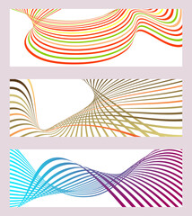 Poster - Wavy lines or ribbons. Set of 3 backgrounds. Multicolored striped gradient. Creative unusual background with abstract gradient wave lines to create a trendy banner, poster. vector eps