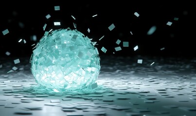 Poster - Shattering teal sphere, dark background, abstract destruction, digital art, website header
