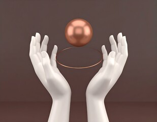 Poster - Abstract Minimalist 3D Render Hands, Sphere, Ring, Brown Background
