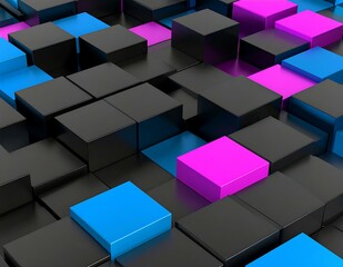 Poster - Abstract 3D Cubes Black, Blue, Pink Geometric Pattern