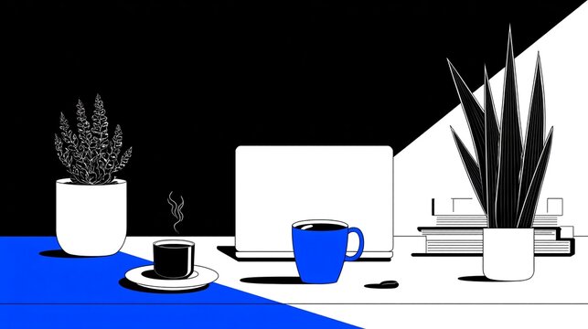 Minimalist Black and White Workspace Vector Illustration with Blue Accents