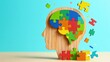 © Arnab Dey - Wooden head shape brain made of colorful puzzle pieces. Illustration complex thinking process, logical mind. Parts of brain connected. Concept of connecting ideas, problem-solving abilities. Abstract