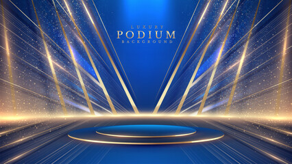 Wall Mural - empty blue stage scene with golden neon light lines. luxury background design concept. perfect for a