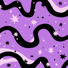 Aufkleber - Trendy cute vector pattern with flowing wavy stripes, white stars, and dotted accents in black, purple, and lavender tones.