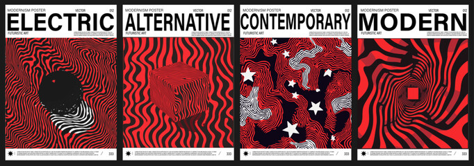 Poster - Modern vector posters feature bold, hypnotic line art in black and red, with 3D shapes and movement. The style is Y2K-pop art fusion, reflecting current popular retro-futuristic trends.