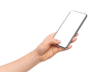 Poster - Female hand holding and touching blank smartphone screen with thumb, isolated on white background