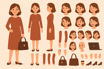 Poster - Casual middle aged woman wearing dress. Character constructor for animation. Front, side and back view set. Body parts, postures, poses collection. Vector illustration