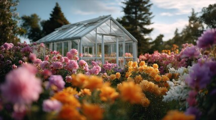Poster - Greenhouse nestled among blooming flowers at sunset in a vibrant garden setting