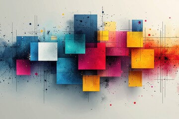 Poster - colorful abstract geometric design with interconnected shapes and splattered patterns