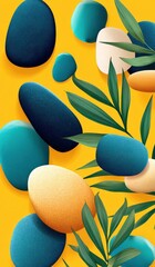 Poster - Abstract vibrant composition of colorful stones and lush green leaves on yellow