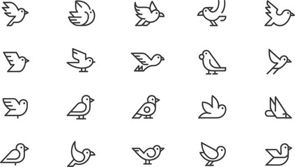 Wall Mural - a collection of twenty minimalist bird icons in black outlines against a white background design ele