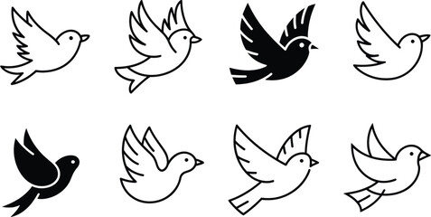 Wall Mural - a collection of eight simple bird illustrations in black and white on a white background pattern art