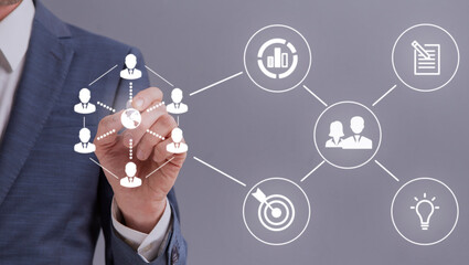 Aufkleber - E-business concept. Unrecognizable entrepreneur touching white icons representing online business process on interactive screen, grey background