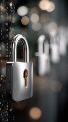 Poster - Symbolizing cybersecurity, a padlock against a blue backdrop highlights data protection technology with binary code elements