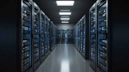 Poster - Secure server room with organized database systems illuminated by overhead lights