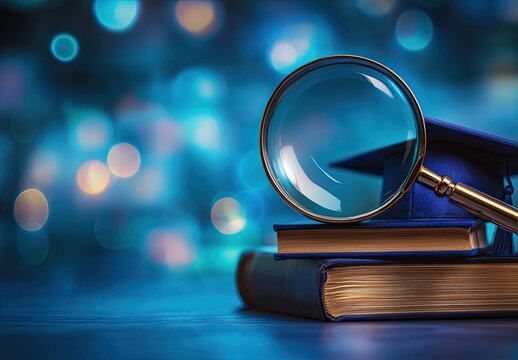 A magnifying glass over icons representing education, such as books and graduation caps on a blue background with copy space for text.