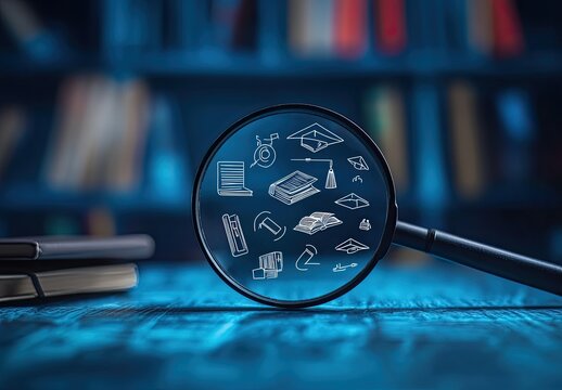 A magnifying glass over icons representing education, such as books and graduation caps on a blue background with copy space for text.