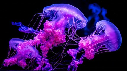 Poster - Glowing jellyfish illuminating the dark depths of a mystical underwater world