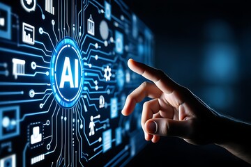 Fototapete - Human hand interacting with futuristic artificial intelligence circuit board concept design
