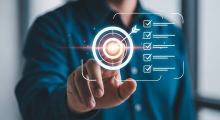 Poster - Achieving Business Goals Through Strategy - A person interacts with a interface showing a target, checklist, progress, and success, symbolizing goal achievement, strategic planning