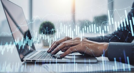 Poster - Close-Up Hands Typing Market Data on Laptop - Person's hands actively typing on a laptop, overlaid with dynamic market graphs, symbolizing finance, technology, data analysis, investment, and progress