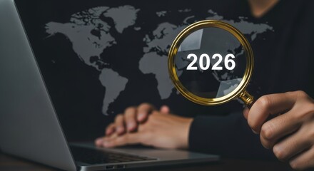 Aufkleber - Global Outlook 2026: Planning for the Future - Person using magnifying glass to focus on 2026 on a world map, symbolizing global planning and future vision