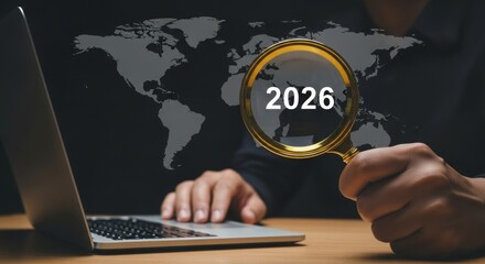 Poster - Global Vision 2026: Planning for the Future - Person examines 2026 through magnifying glass, symbolizing future planning, global perspective, research, opportunity, and progress