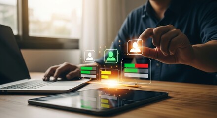 Poster - Human Resource Management - Person using interface to manage employee data, performance, and resources. Modern HR technology concept