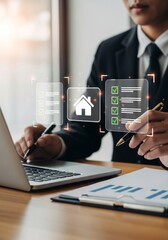 Aufkleber - Homeownership: Planning Your Future - A person reviews home buying checklists and financial data, symbolizing planning, technology, finance, homeownership, and future security