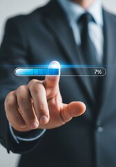 Poster - Progress Bar on Interface - Close-up of a hand interacting with a progress bar showing 7% completion, suggesting business progress or technological advancement