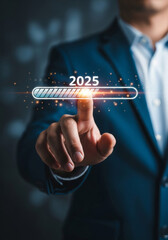 Poster - Progress Towards 2025 - Businessman hand interacting with a progress bar showing 2025, symbolizing future goals and achievement